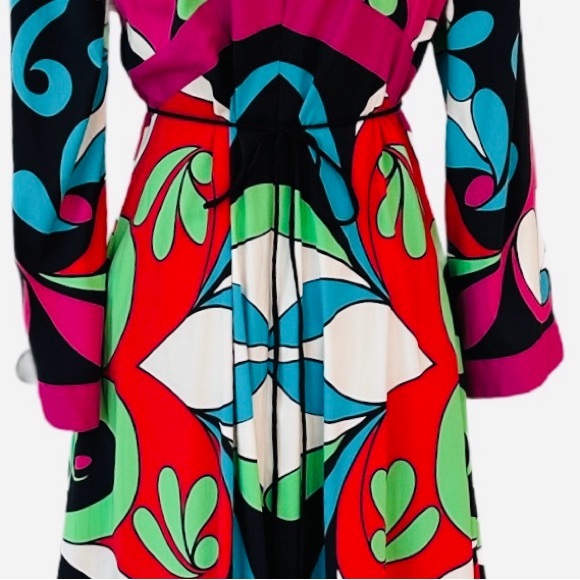 #42 NICOLE MILLER ~ Colorful Abstract 3/4 Sleeve Midi Dress Fully Lined Deep V - Picture 7 of 9